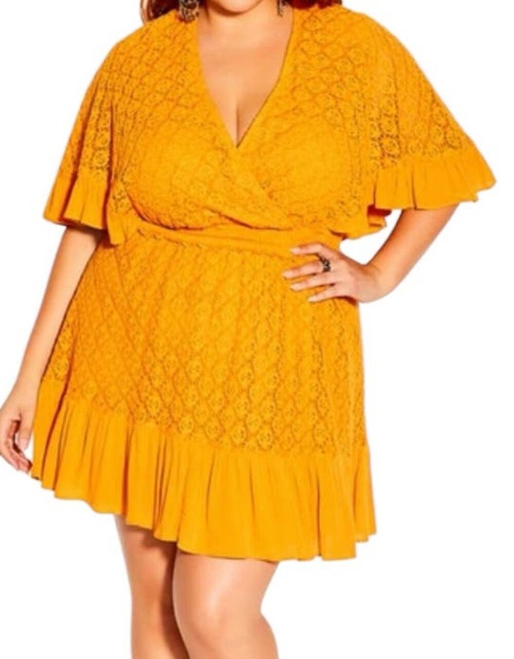 City Chic dress Sweet Escape lace faux wrap mustard size M/18